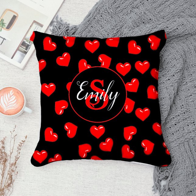stylish Red heart pattern on black Custom monogram Throw Pillow (Creator Uploaded)