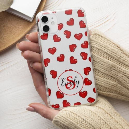 Stylish Red hearts pattern on white monogrammed iPhone 13 Pro Max Case