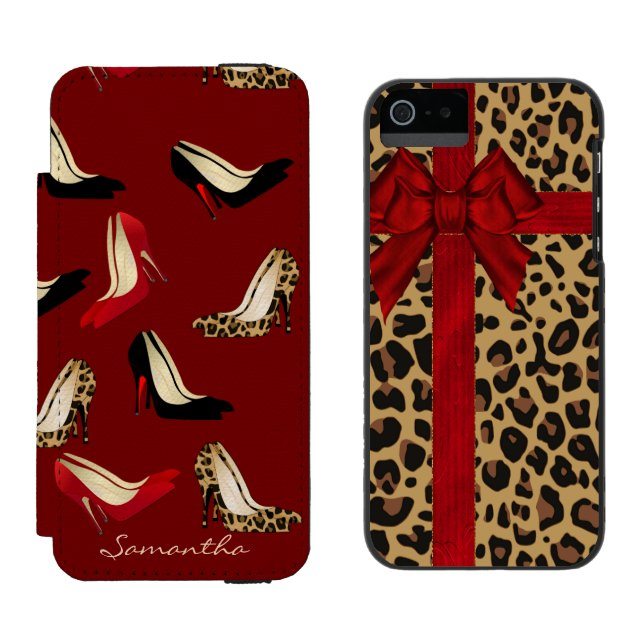 Stylish Red & Jaguar Print iPhone 5S Wallet Case (Side by Side)