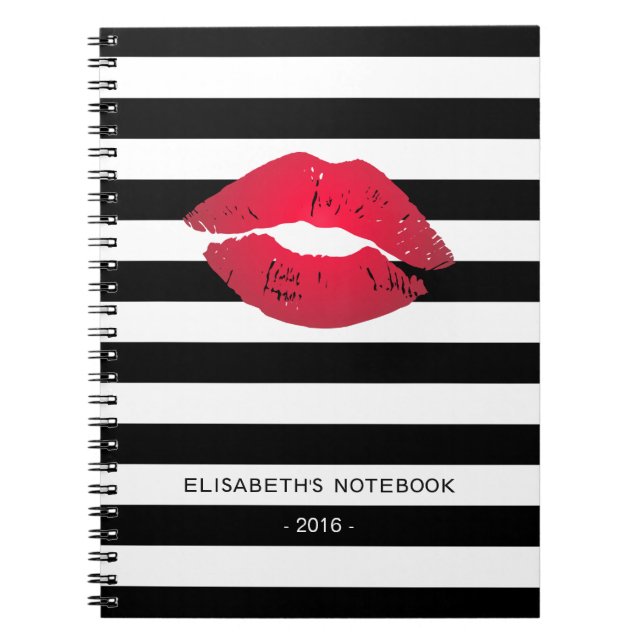 Stylish Red Lips with Classic Black White Stripes Notebook (Front)