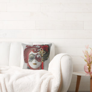 Stylish Red Mardi Gras Female Carnival Mask Throw Pillow