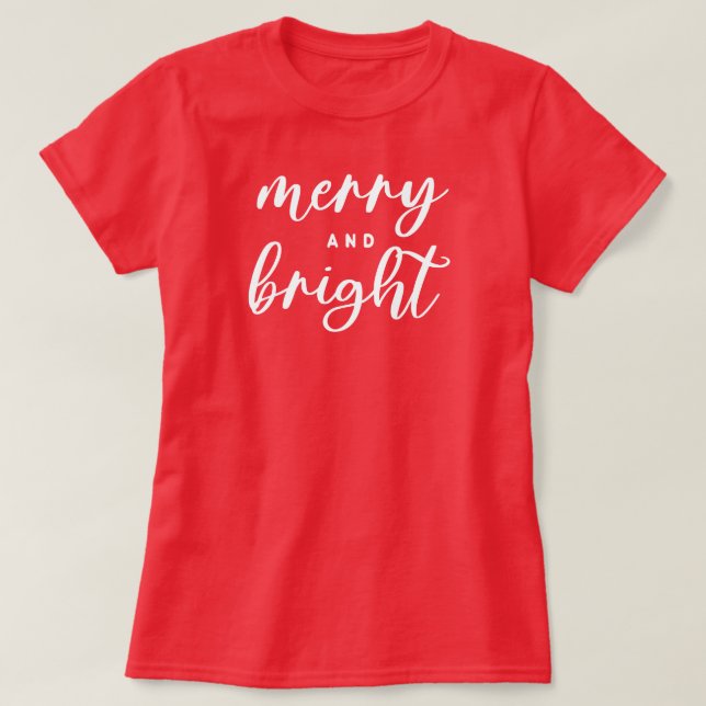 Stylish Red Merry and Bright Script Christmas T-Shirt (Design Front)