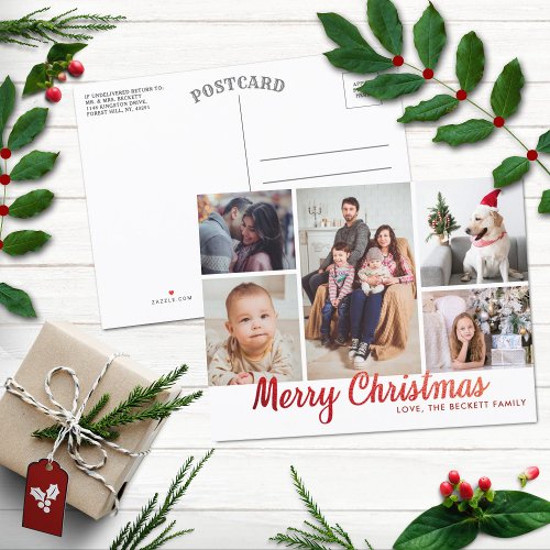 Stylish Red Merry Christmas 5 Photo Collage Holiday Postcard