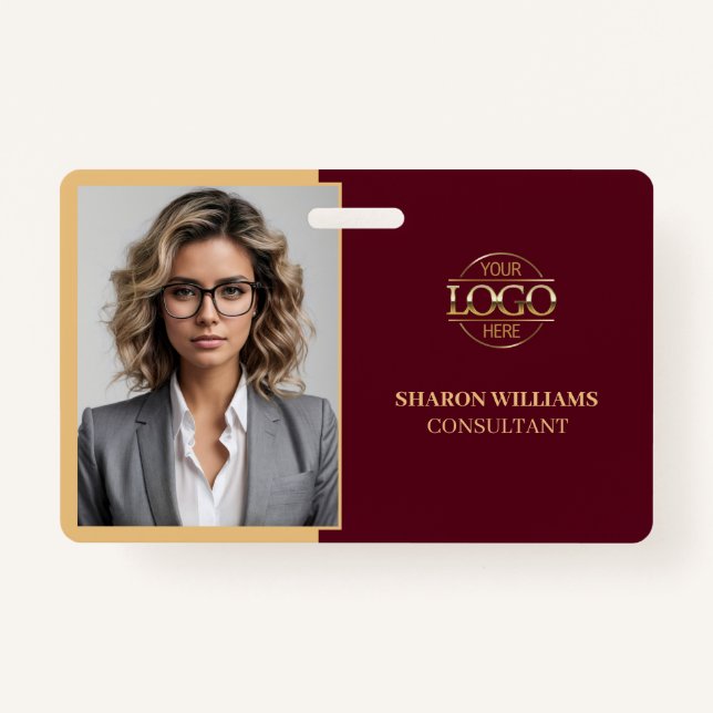 Stylish Red Minimalist Company Employee Photo ID Badge (Front)