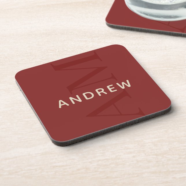 Stylish Red Monogram with Name Beverage Coaster (Left Side)