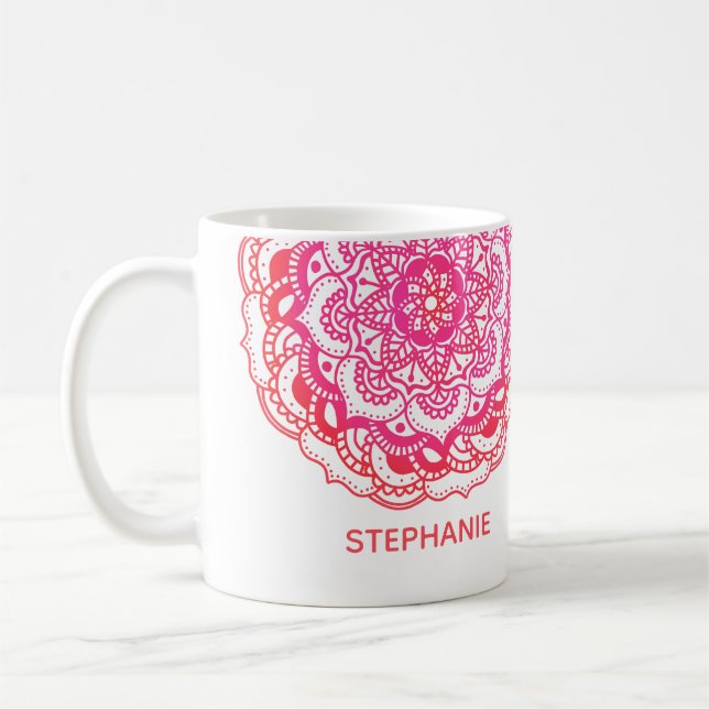 Stylish Red Pink Custom Name Boho Mandala Coffee Mug (Left)