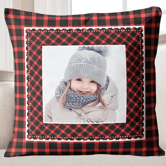 Stylish Red Plaid Kids Photo Holiday Christmas Throw Pillow (Modern Rustic Buffalo Plaid Kids Photo Holiday Pillow)