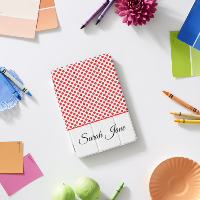 Stylish red polka dots custom name monogram iPad mini cover (In Situ)