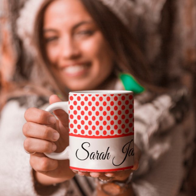 Stylish Red Polka Dots Pattern Custom Name Giant Coffee Mug (Creator Uploaded)