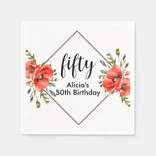 Stylish Red Poppy Flora 50th Birthday Napkins (Front)