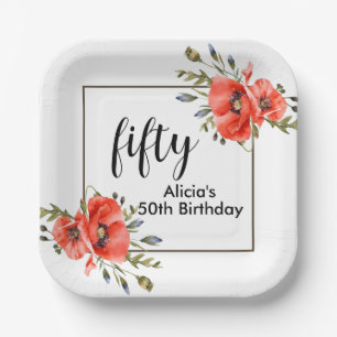 Stylish Red Poppy Flora 50th Birthday Paper Plates