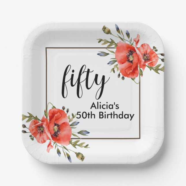 Stylish Red Poppy Flora 50th Birthday Paper Plates (Front)