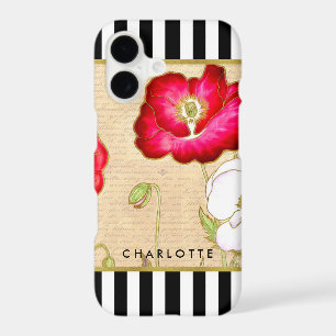 Stylish Red Poppy Floral Black Stripes With Name iPhone 17 Case