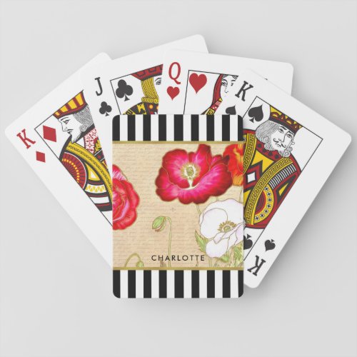 Stylish Red Poppy Floral Black Stripes With Name Poker Cards