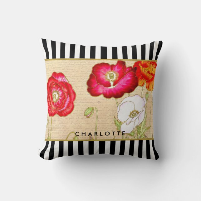 Stylish Red Poppy Floral Black Stripes With Name Throw Pillow (Front)
