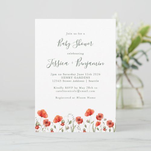 Stylish Red Poppy Garden Floral Baby Shower   Invitation
