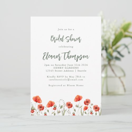 Stylish Red Poppy Garden Floral Bridal Shower  Invitation