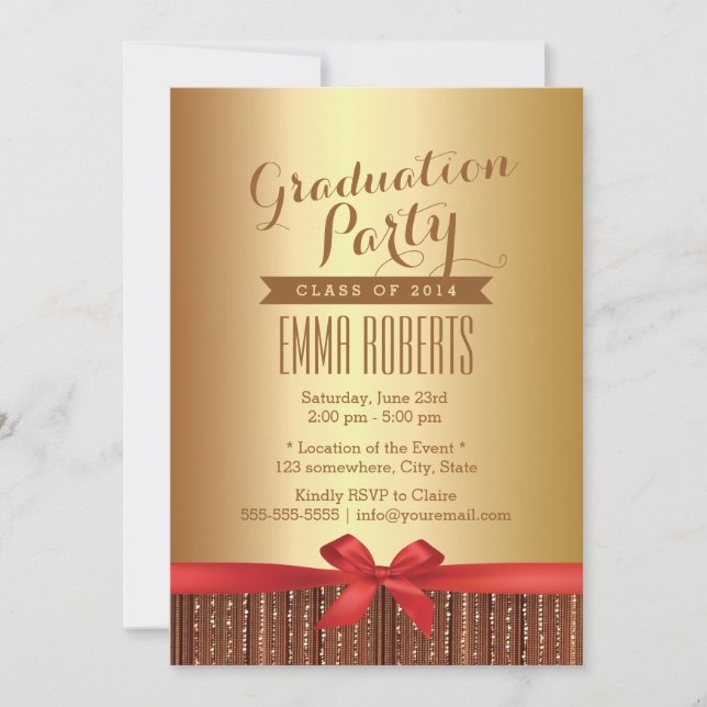 Stylish Red Ribbon Gold Foil Graduation Party Invitation (Front)