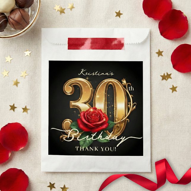 Stylish Red Rose Black Gold Glitter 30th Birthday Favor Bag (Creator Uploaded)