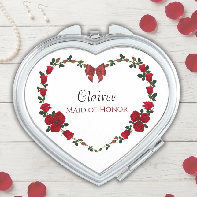 Stylish Red Rose Maid of Honor Wedding Gift  Compact Mirror (Elegant floral heart mirror, a thoughtful and personalized gift for your Maid of Honor.)