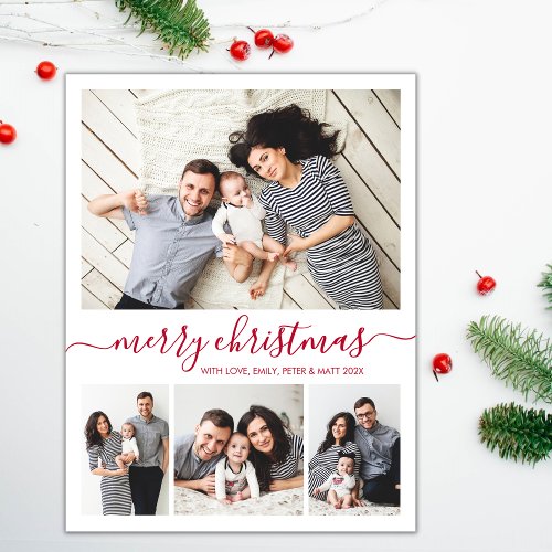 Stylish Red Script 4 Photo Collage Christmas Postcard