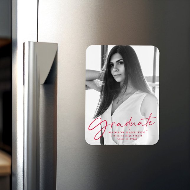 Stylish Red Script Graduation Announcement Photo Magnet (Creator Uploaded)