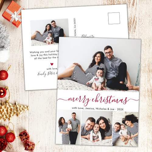 Stylish Red Script Photo Collage Christmas Postcard