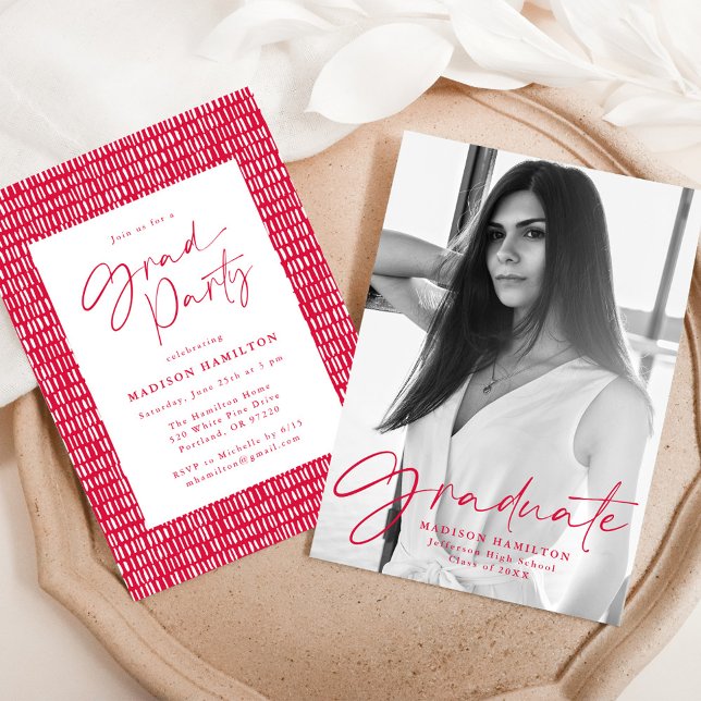Stylish Red Script Photo Graduation Party Invitation (Creator Uploaded)