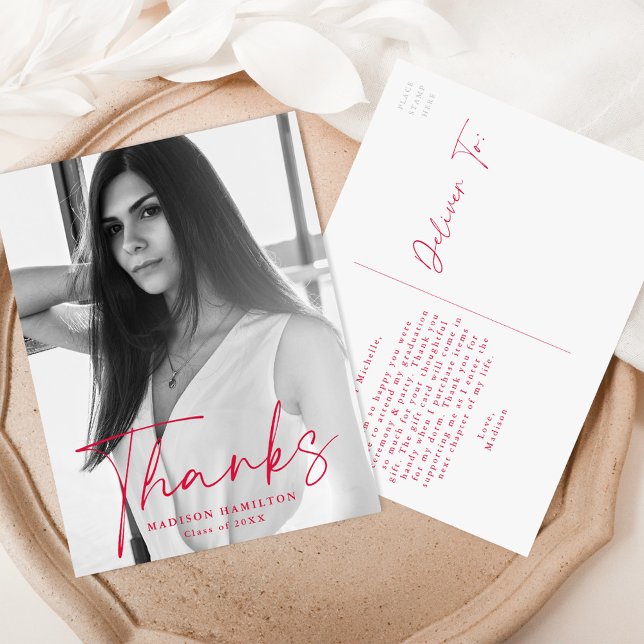 Stylish Red Script Photo Graduation Thank You Postcard (Creator Uploaded)