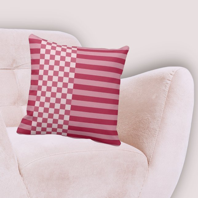 Stylish Red Stripes & Checker Patterned Throw Pillow (Stylish Red Stripes & Checker Patterned Throw Pillow, Living Room Decor)