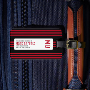 Stylish Red Stripes Monogrammed (name & initials) Luggage Tag