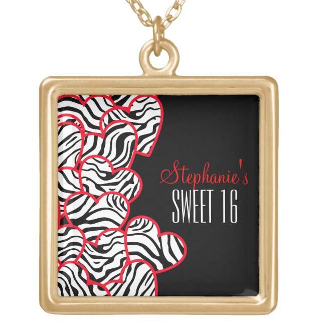 Stylish Red Sweet 16 Zebra Heart Design Name  Gold Plated Necklace (Front)