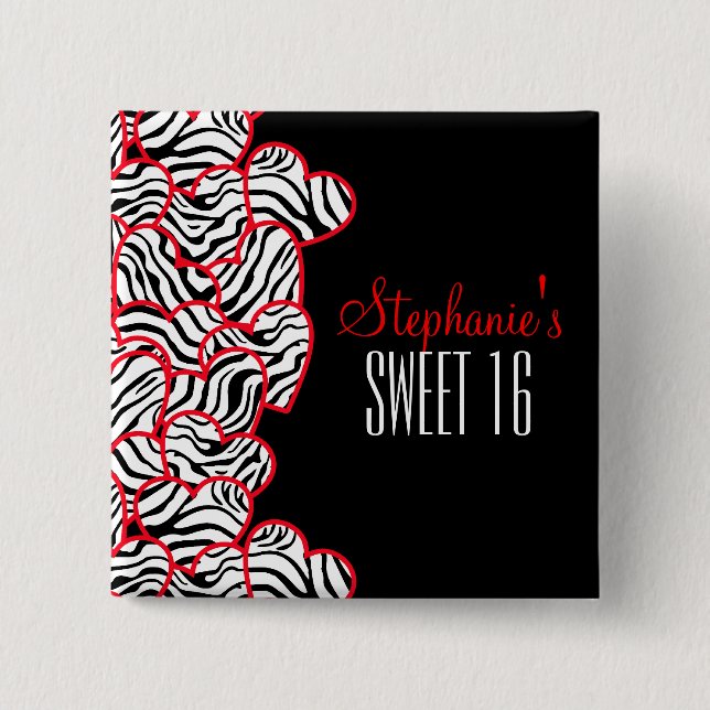 Stylish Red Sweet 16 Zebra Heart Design Name  Pinback Button (Front)