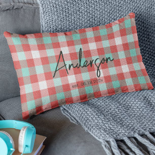 Stylish Red & Teal Bright Modern Holiday Plaid Lumbar Pillow
