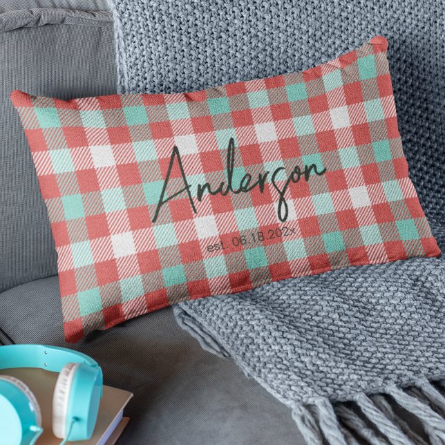 Stylish Red & Teal Bright Modern Holiday Plaid Lumbar Pillow (Creator Uploaded)