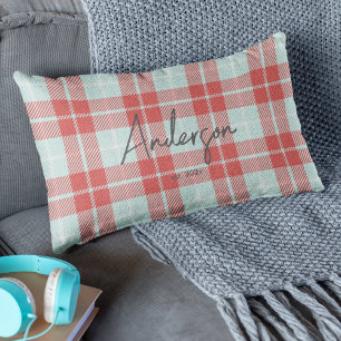 Stylish Red & Teal Bright Modern Holiday Plaid Lumbar Pillow