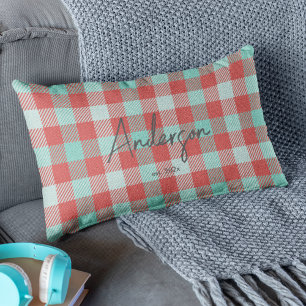 Stylish Red & Teal Bright Modern Holiday Plaid Lumbar Pillow