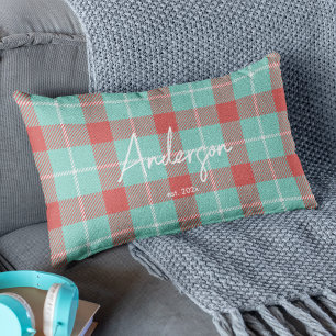 Stylish Red & Teal Bright Modern Holiday Plaid Lumbar Pillow