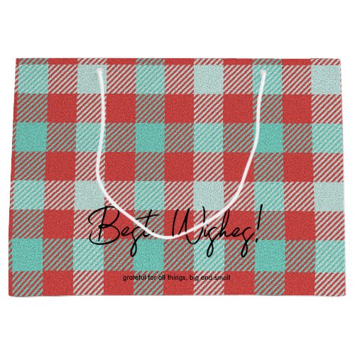 Stylish Red  Teal Holiday Colors Plaid Large Gift Bag