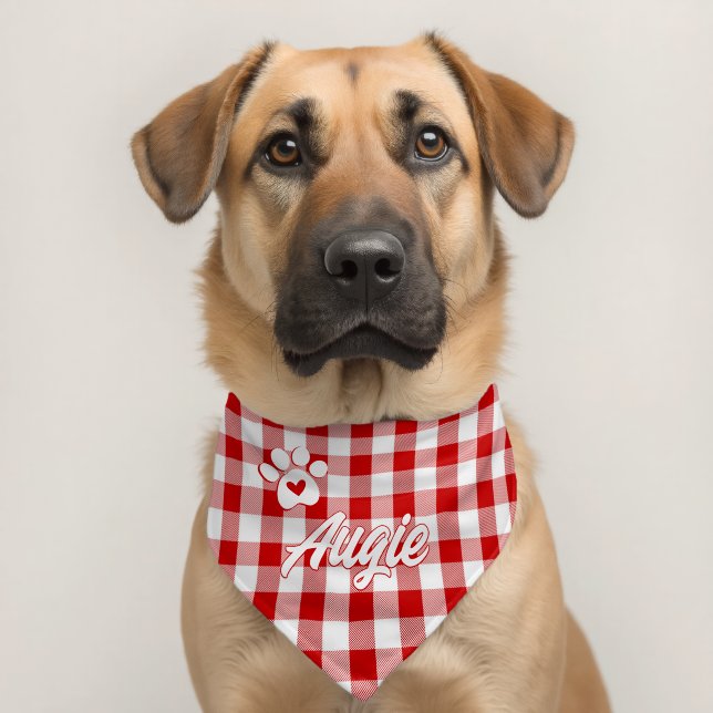 Stylish Red Vichy Paw Love Personalized Pet Bandana Collar (Dog 2)