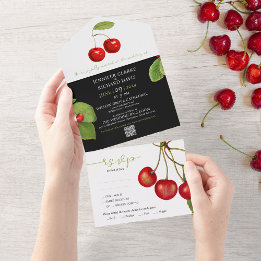 Stylish Red White Black Cherry Fruits QR Wedding All In One Invitation