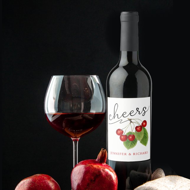 Stylish Red White Cheers Cherries Modern Script Wine Label (Creator Uploaded)