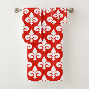Stylish Red White Fleur de Lis Pattern Bath Towel Set