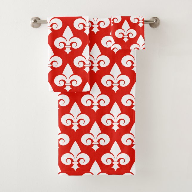 Stylish Red White Fleur de Lis Pattern Bath Towel Set (Insitu)