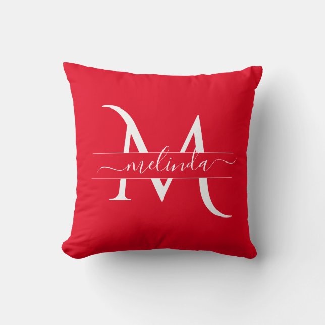 Stylish Red White Monogram Initial Name Custom Throw Pillow (Front)
