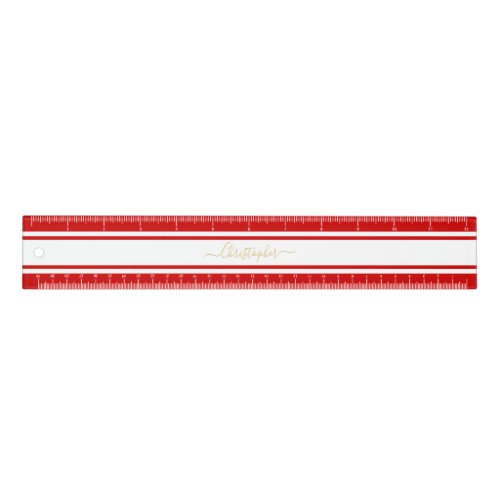 Stylish Red White Racing Stripes Gold Monogrammed Ruler