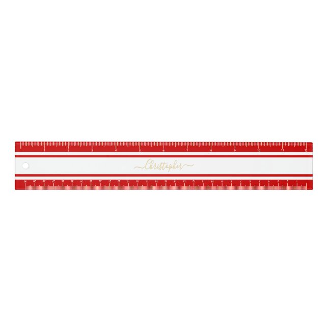Stylish Red White Racing Stripes Gold Monogrammed Ruler (Front)