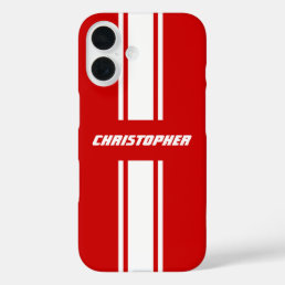 Stylish Red White Racing Stripes Monogrammed Boys iPhone 16 Case