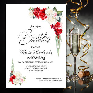 Stylish Red White Rose Floral Birthday Party Invitation