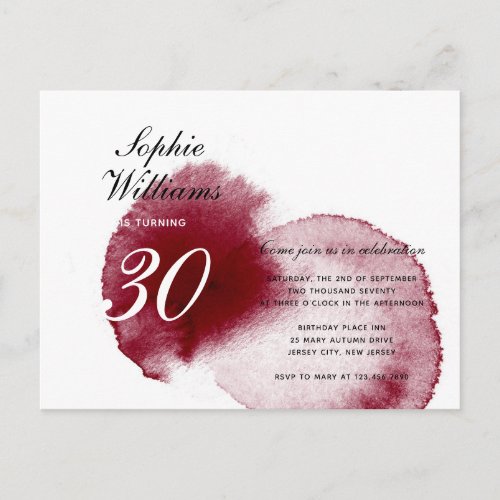 Stylish Red Wine Spill Modern Fall 30 Birthday Invitation Postcard